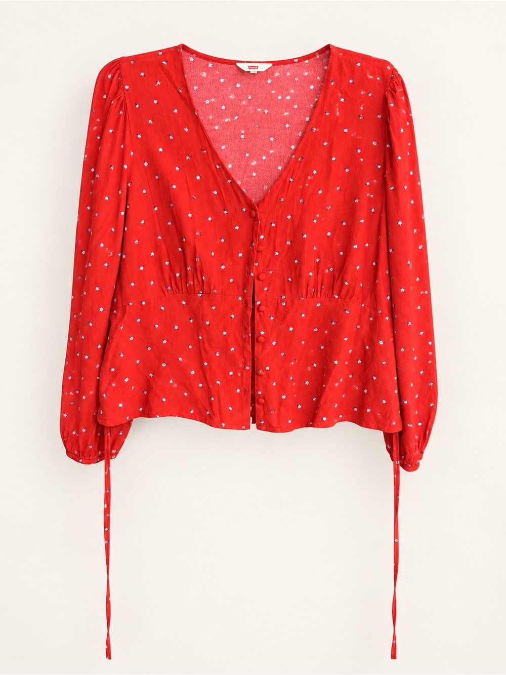 Levi's Red V-Neck Buttoned Peplum Top with Tiny White Print
